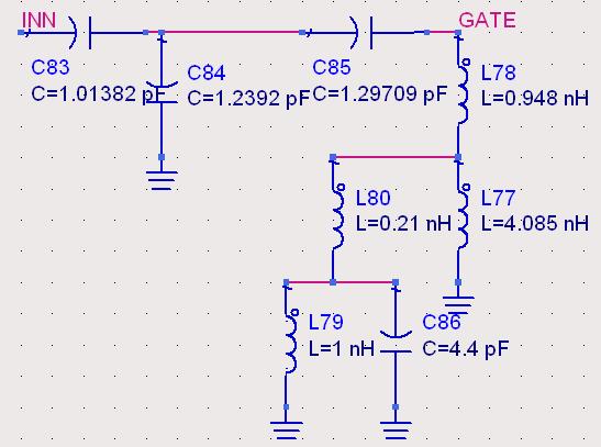 3.4. Dualband matching, tidlige versjoner 3.4.1. Versjon 1 Figur 26: Ideelt dualband inngangsnettverk, versjon 1 Med utgangspunkt i inngangsnettverket funnet i kapittel 3.3.2 ble det lagd en enkel lignende versjon som i stedet for å bruke transistor som switch, brukte parallell og serieresonanser til å lage kortslutning/åpen krets for ønskede frekvenser.