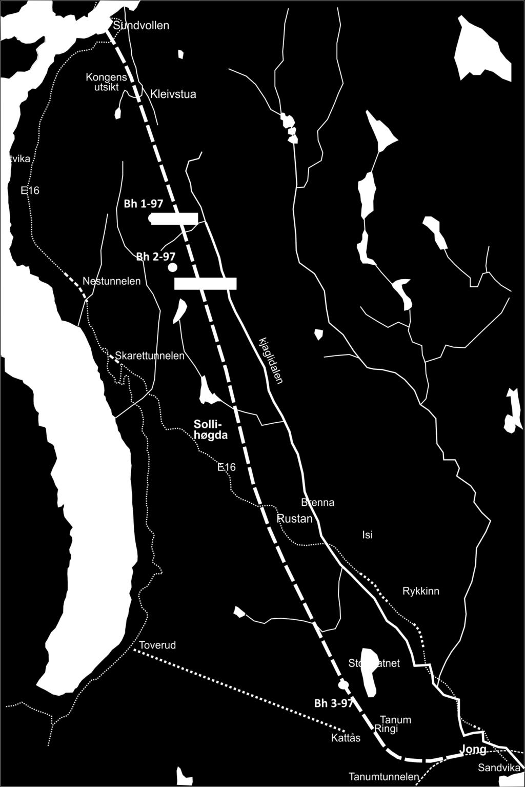 12 av 81 Figur 2: Oversiktsbilde som viser kjerneboringer som er utført for Krokskogtunnelen. Plassering av eksisterende Nestunnel og Skaret tunnel er vist.