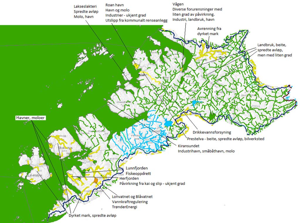 Figur 9: Påvirkninger og tilstand til vannforekomster i vassdragsområde 136, som dekker mesteparten av Roan samt nordvestlige hjørne av Åfjord med Stokkøya og Linesøya.