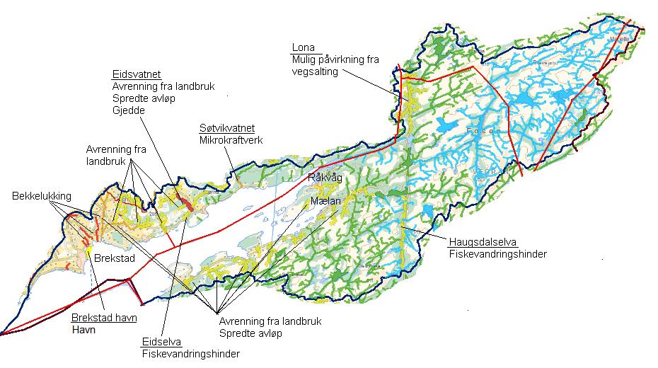 Bjugn. Figur 12 viser et kartutsnitt av området, med den økologiske tilstanden og påvirkningen på vannforekomstene.