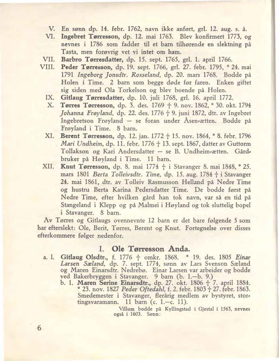 V. En sønn dp. 14. febr. 1762, navn ikke anført, gr!. 12. aug. s. å. VI. Ingebret Tørresson, dp. 12. mai 1763.