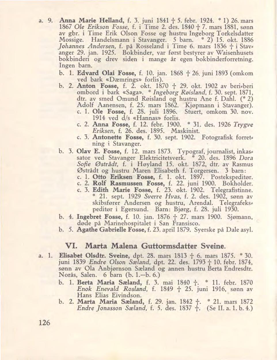 a. 9. Anna Marie Helland, f. 3. juni 1841 t 5. febr. 1924. * 1) 26. mars 1867 Ole Erikson Fosse, f. i Time 2. des. 1840 t 7. mars 1881, sønn av gbr.