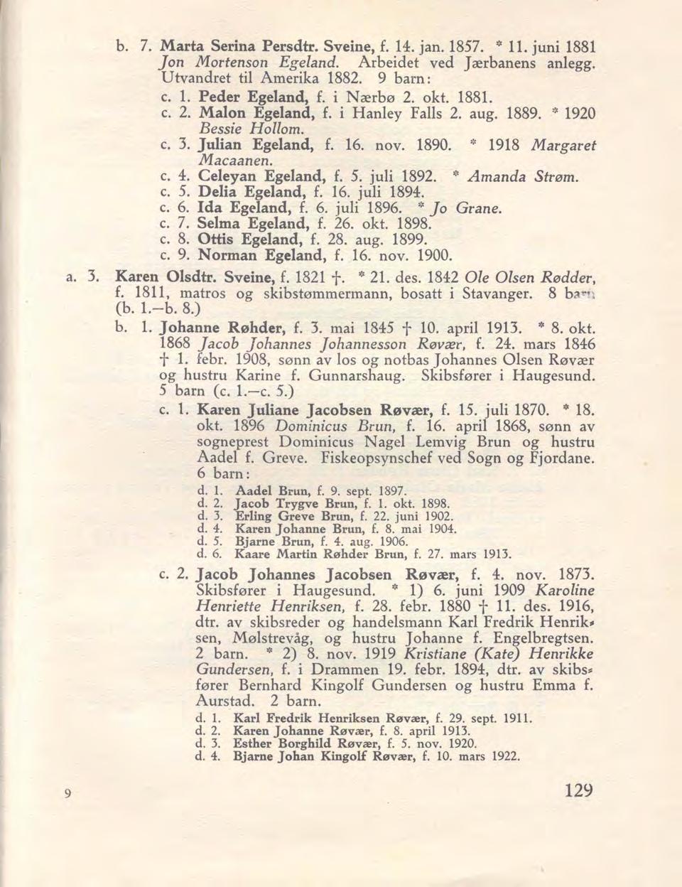 b. 7. Marta Serina Persdtr. Sveine, f. 14. jan. 1857. '" 11. juni 1881 Jon Mortenson Egeland. Arbeidet ved Jærbanens anlegg. Utvandret til Amerika 1882. 9 barn: c.lpeder Egeland, f. i Nærbø 2. okt.