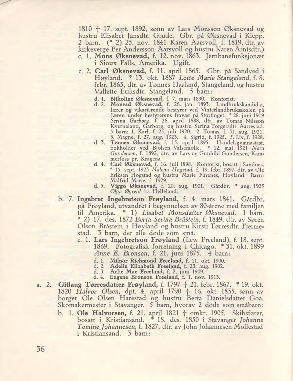 1810 t 17. sept. 1892, sønn av Lars Monsson 0ksnevad og hustru Elisabet Jansdtr. Grude. Gbr. på 0ksnevad i Klepp. 2 barn. ('" 2) 25. nov. 1841 Karen Aarsvoll, f. 1819, dtr.