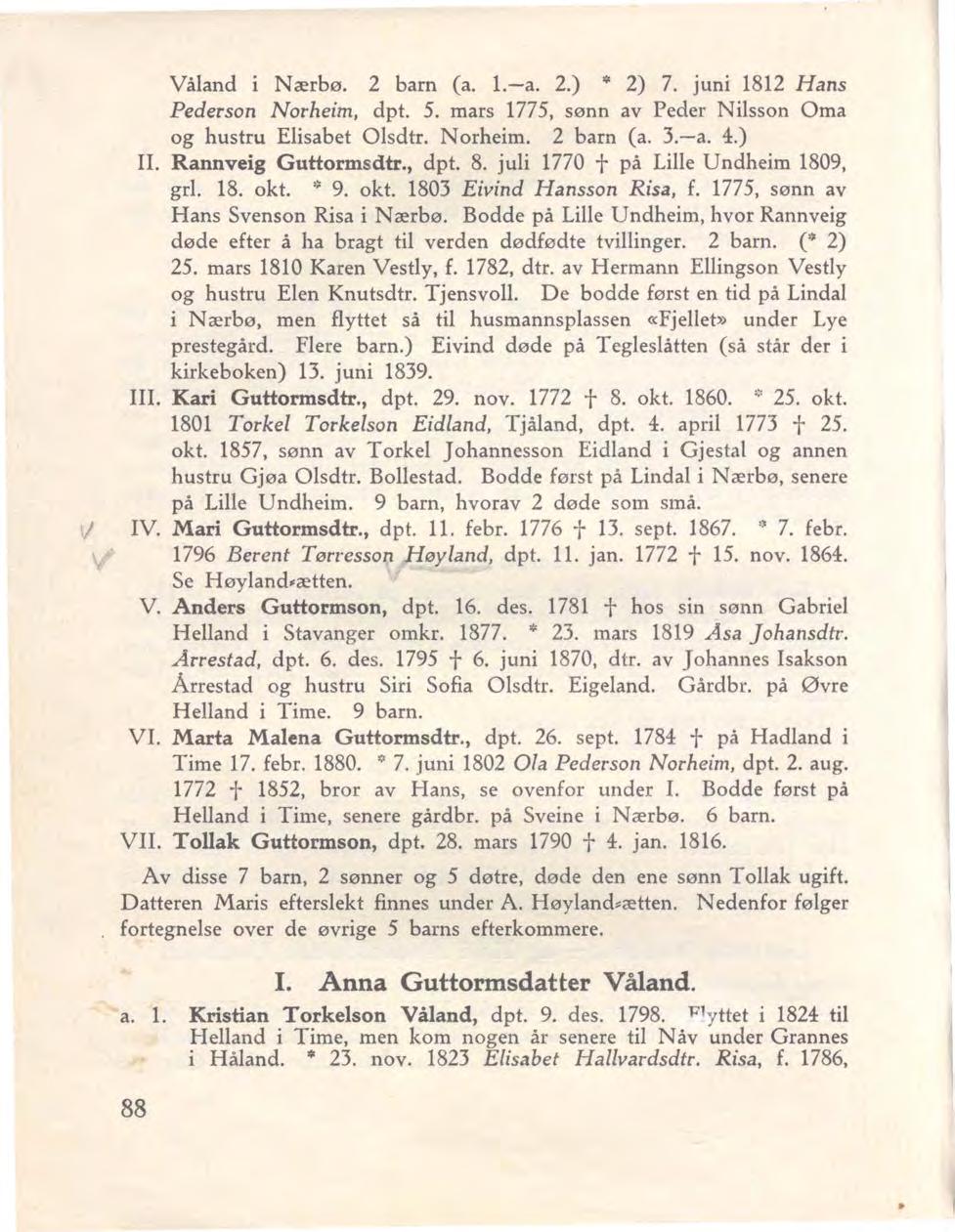 Våland i Nærbø. 2 barn (a. L-a. 2.) '" 2) 7. juni 1812 Hans Pederson Norheim, dpt. 5. mars 1775, sønn av Peder Nilsson Oma og hustru Elisabet Olsdtr. Norheim. 2 barn (a. 3.-a. 4.) Il.