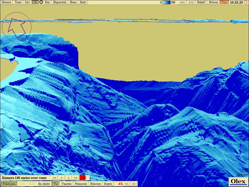 Figur 9: Dybdekart i 3D for terskelområdet vest i Vinkfjorden, oppmålt med Olex. Kameraet kikker fra øst mot vest over terskeldypet. Mørk blåfarge er dypest vann.