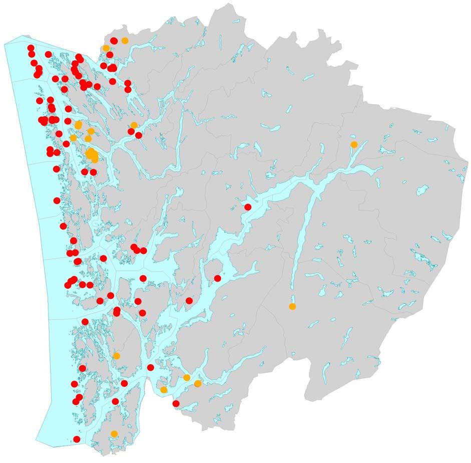 2. Gjess i Hordaland biologi og utbreiing Forvaltingsplan for gjess i Hordaland Figur 1. Registrerte hekkeplassar for grågås og kanadagås i Hordaland. Raud sirkel = grågås, oransje sirkel = kanadagås.