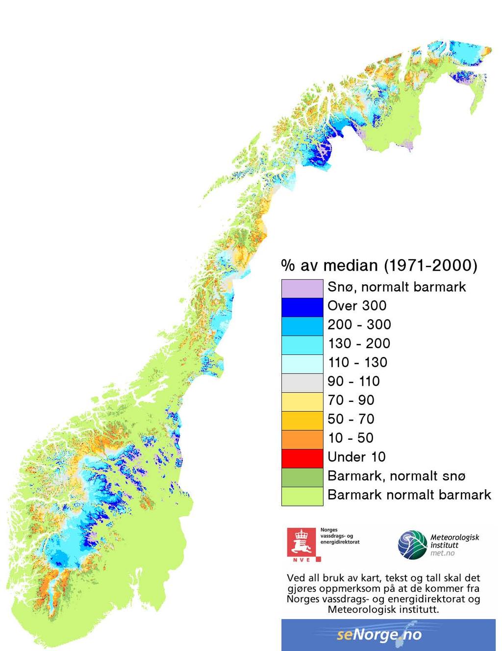 Snømengde Prosent av normalen Dato: 31. mai 27 Kart som viser snøens vannekvivalent som prosent av normalen. Normalen er medianverdien for vintrene 1971-2 (3 år).