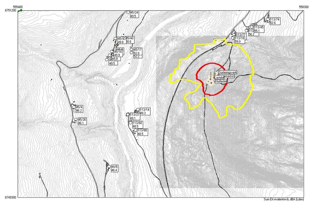 Uttaksplan Gjefle Skog side 5 Støysonekart; eksisterende terreng situasjon 1: Støysonekart, situasjon 1, dagens situasjon ved oppstart av massetaket (2011). Rød linje = 65 dba, Gul linje = 55 dba.