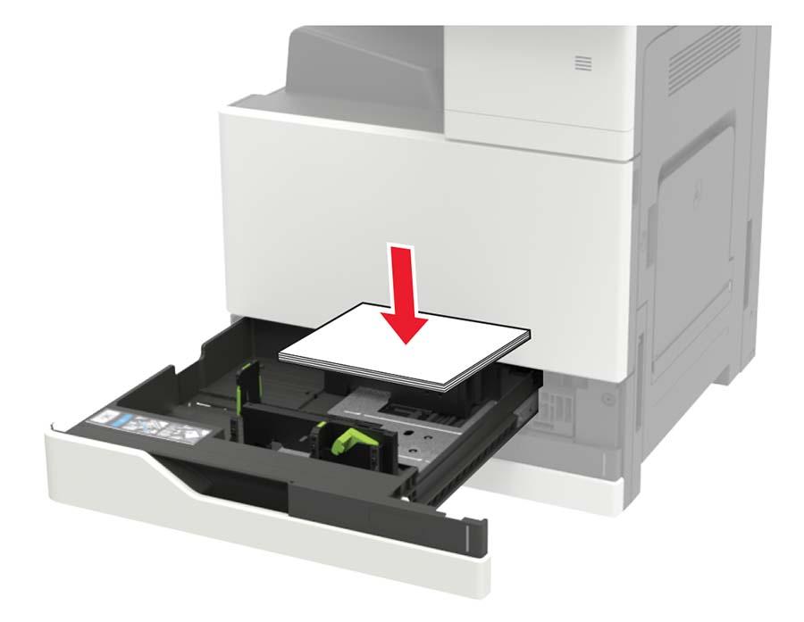 Kontroller at papirbunken ikke er høyere enn kapasitetsmerket. Ikke skyv papir inn i skuffen. Legg i papir slik det vises i illustrasjonen.