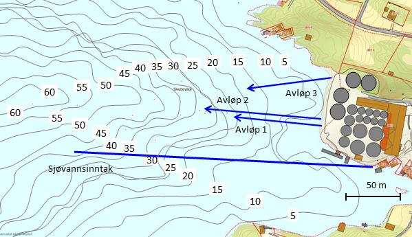 vannressursloven. Avløp til sjø Avløpsvannet blir ført urenset ut i sjø i Skutevika på 17 33 m dyp i tre separate avløpsledninger.