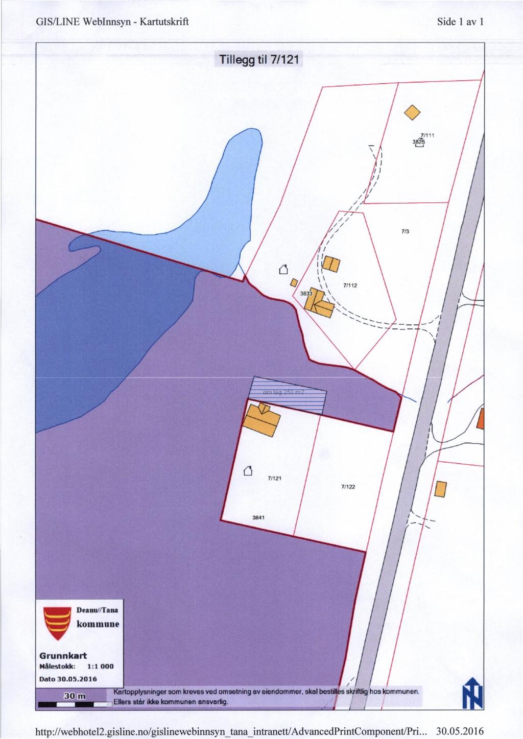 GIS/LINE WebInnsyn - Kartutskrift Side 1 av 1 Tilleggtil 7/121 7:1 1 3875 7121 7:172 3841 / / 7 Deanuffrapa kommune 1/1 1 Grunnkart Målestokk: 1:1 000 Dato 30.05.