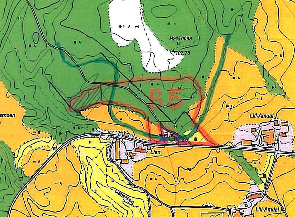 Kartet under viser området B5 i rødt hvor området for den planlagte barnehagen er skravert: Matrikkel: Ny