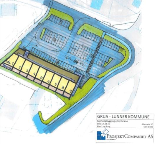 Skisser for ny Kiwibutikk Kjeller: P-plasser til beboere og næringslokale på 285 m2 1. etg: Kiwibutikk inkl plass til apotek og post på 1430 m2 2. og 3.