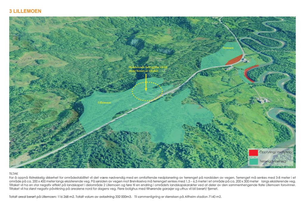 3 LI LLEM OEN Nymoen Eksisterende bebyggelse vil bli sterkt berørt av tiltaket Lillemoen Oppfylling/ motfylling Terrengavlastning TILTAK For å oppnå tilstrekkelig sikkerhet for områdestabilitet vil