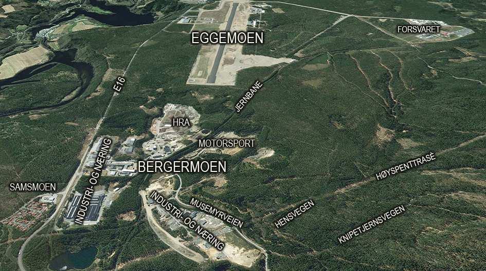 PLANPROGRAM BERGERMOEN INDUSTRIOMRÅDE 7 Figur 3: Bergermoen og Eggemoen sett fra øst. Skogsbilvegene Knipetjernsvegen og Hensvegen benyttes av turgåere, og det går en lysløype gjennom området.