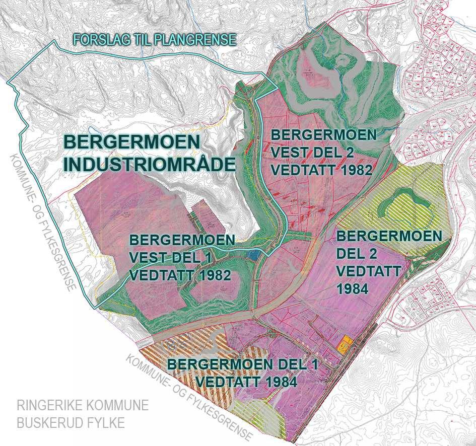 PLANPROGRAM BERGERMOEN INDUSTRIOMRÅDE 4 1 Innledning Bergermoen industriområde er tidligere regulert i fire reguleringsplaner som ble vedtatt på 1980-tallet.