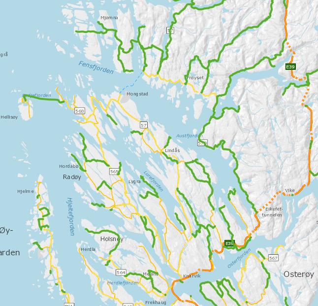 Side 5/6 Biletet viser vegnettet i Nordhordland. Grøn farge er fylkesvegar med ÅDT (årsdøgnstrafikk) mindre enn 500. Gul farge er fylkesvegar med ÅDT over 500. Oransje farge viser E39.