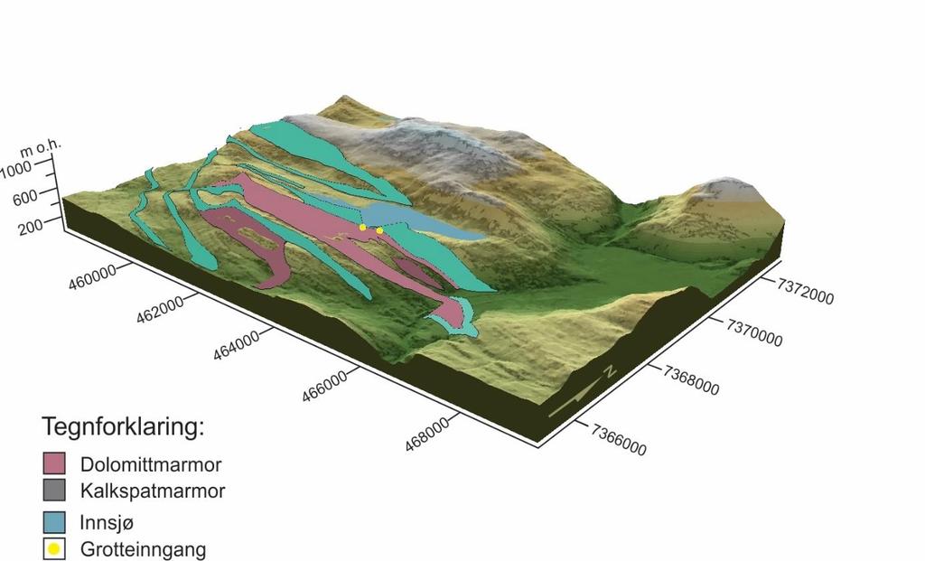 Kapittel 2 Områdebeskrivelse sted under dannelsen av den kaledonske fjellkjede (St. Pierre, S. 1988). Generelt består karstområdene av metamorf kalsitt- og dolomittmarmor (figur 2.