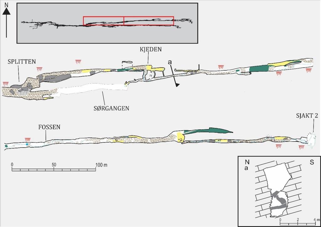 Kapittel 5 Resultat et freatisk miljø. Under kartleggingen av Horn (1947) ble enden av Sørgangen markert som en sandlås («Horns Ende» i figur 5.14).