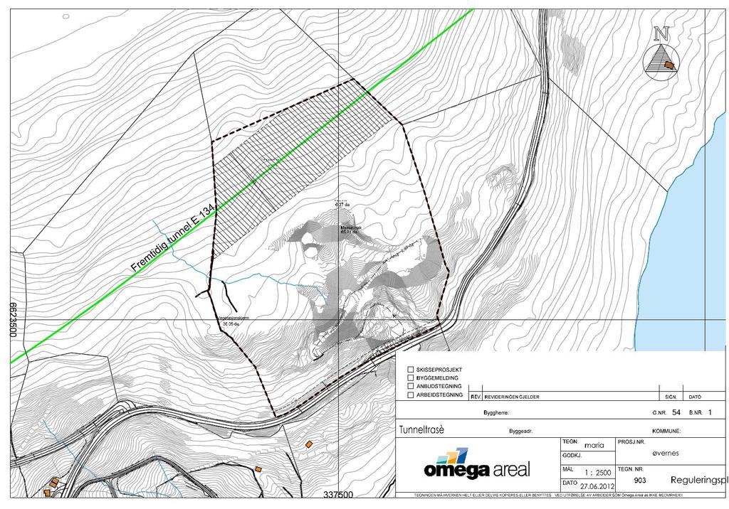 FORHOLD TIL FREMTIDIG TUNNEL - E 134 Trasè for ny E 134 er regulert i tunnel gjennom Øverneset og vist på illustrasjonen over.