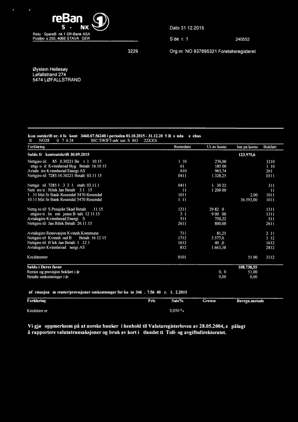 SpareBank @ SR-BANK Dato 31.12.2015 Postboks 250, 4066 STAVANGER siden; 1 240552 3229 Org.nr. NO 937895321 Foretaksregisteret Kontoutskrift nr. 4 for konto 3460.07.56240 i perioden 01.10.2015-31.12.2015 Rosendal Bedehus IBAN:NO28 3460 0756 240 BIC/SWIFT-adresse: SPRONO22XXX Forklaring Rentedato Ut av konto Inn pà konto Bolcført Saldo fra kontoutskrift 30.