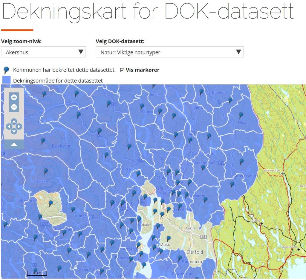 Figur 2 Eksempel på DOK dekningskart som det sees i Geonorge. Blå farge indikerer at det finnes data i kommunen. Markøren viser hvilke kommuner som har bekreftet datasettet som sitt DOK.