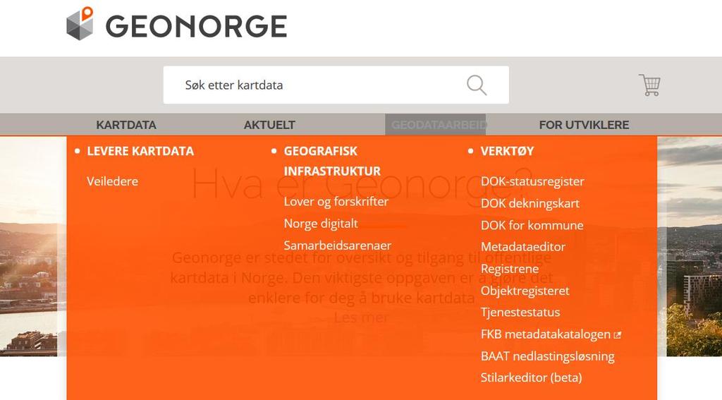 DOK-verktøy for bekreftelse av DOK for kommunene finnes på Geonorge. Velg fanen «GEODATAARBEID» og «DOK for kommune».