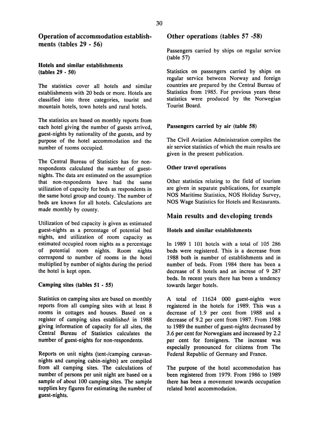 30 Operation of accommodation establish- Other operations (tables 57-58) ments (tables 29-56) Passengers carried by ships on regular service (table 57) Hotels and similar establishments (tables 29