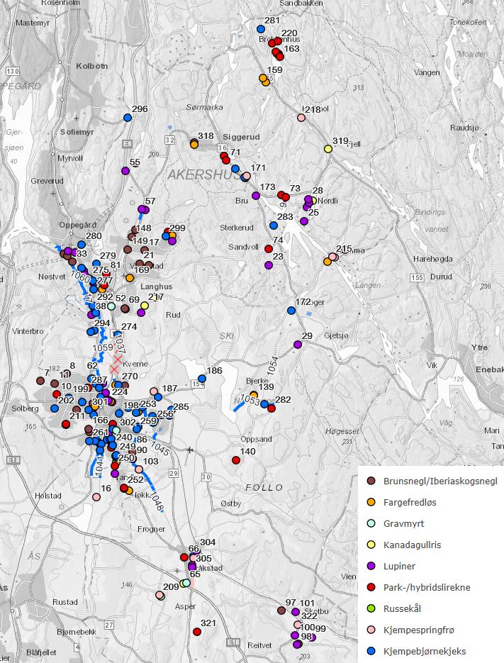 Kartet viser kjente, registrerte forekomster av fremmede arter