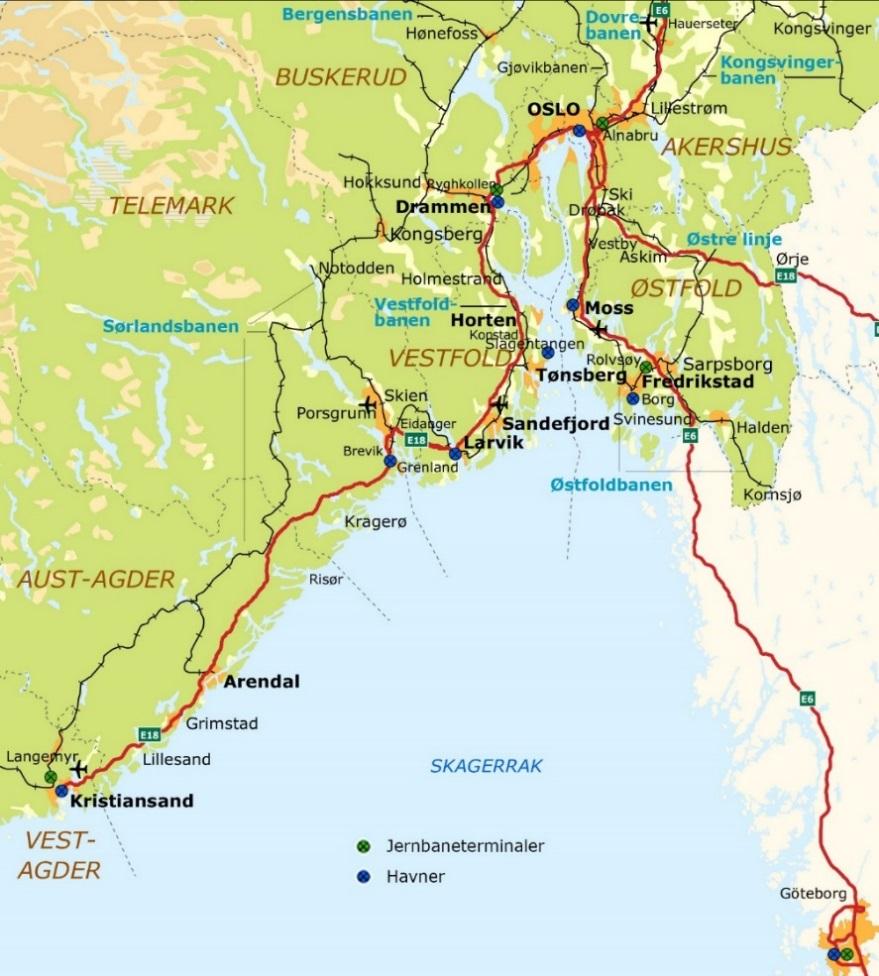 KVU terminalstruktur i Oslofjordområdet 130 mill. tonn på vegnettet internt 30 mill. tonn på veg til og fra KVUområdet Havnene håndterer et godsomslag på 40 mill. tonn i året o o o o Over 30 mill.