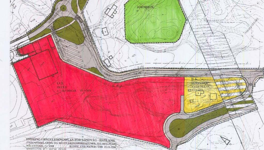 Utsnitt av reguleringsplan for Hatland - Lånevåg (1993). Føremåla omfattar mellom anna bustad, skule, industri og idrettsplass.