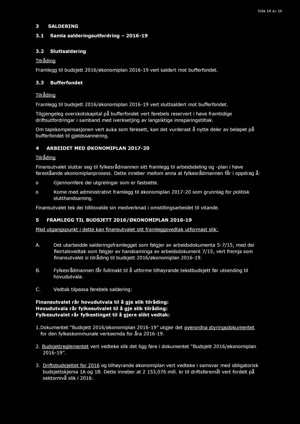 Side 14 av 16 3 SALDERIN G 3.1 Samla salderingsutfordring 2016-19 3.2 Sluttsaldering Framlegg til budsjett 2016/økonomiplan 2016-19 vert saldert mot bufferfondet. 3.3 Bufferfondet Framlegg til budsjett 2016/økonomiplan 2016-19 vert sluttsaldert mot bufferfondet.