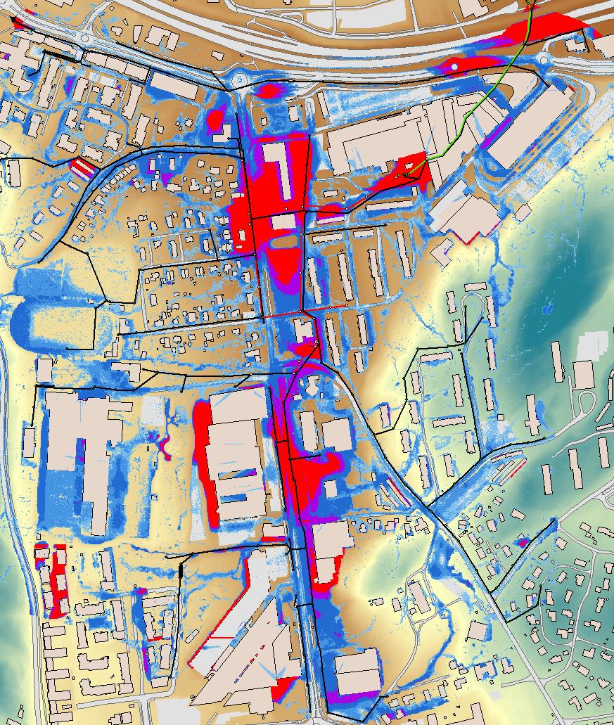 Resultat fra simuleringen: SKÅRERSLETTA Fremtidig, dimensjonerende regnhendelse for å simulere