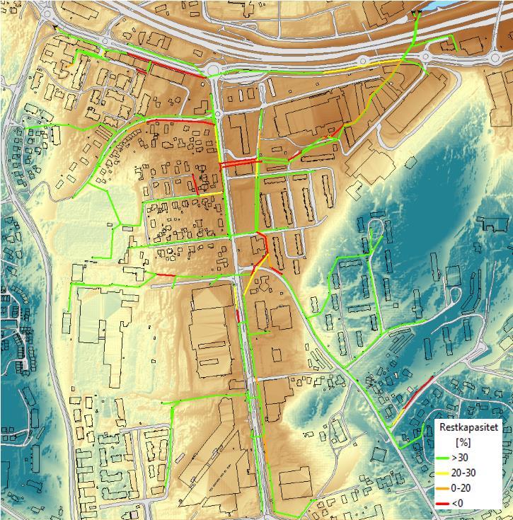 Oppdimensjonering av overvansledninger Området rundt Skårersletta (hovedgaten) Simulering med dimensjonerende regn for ledningsnettet: Fremtidig 20-års