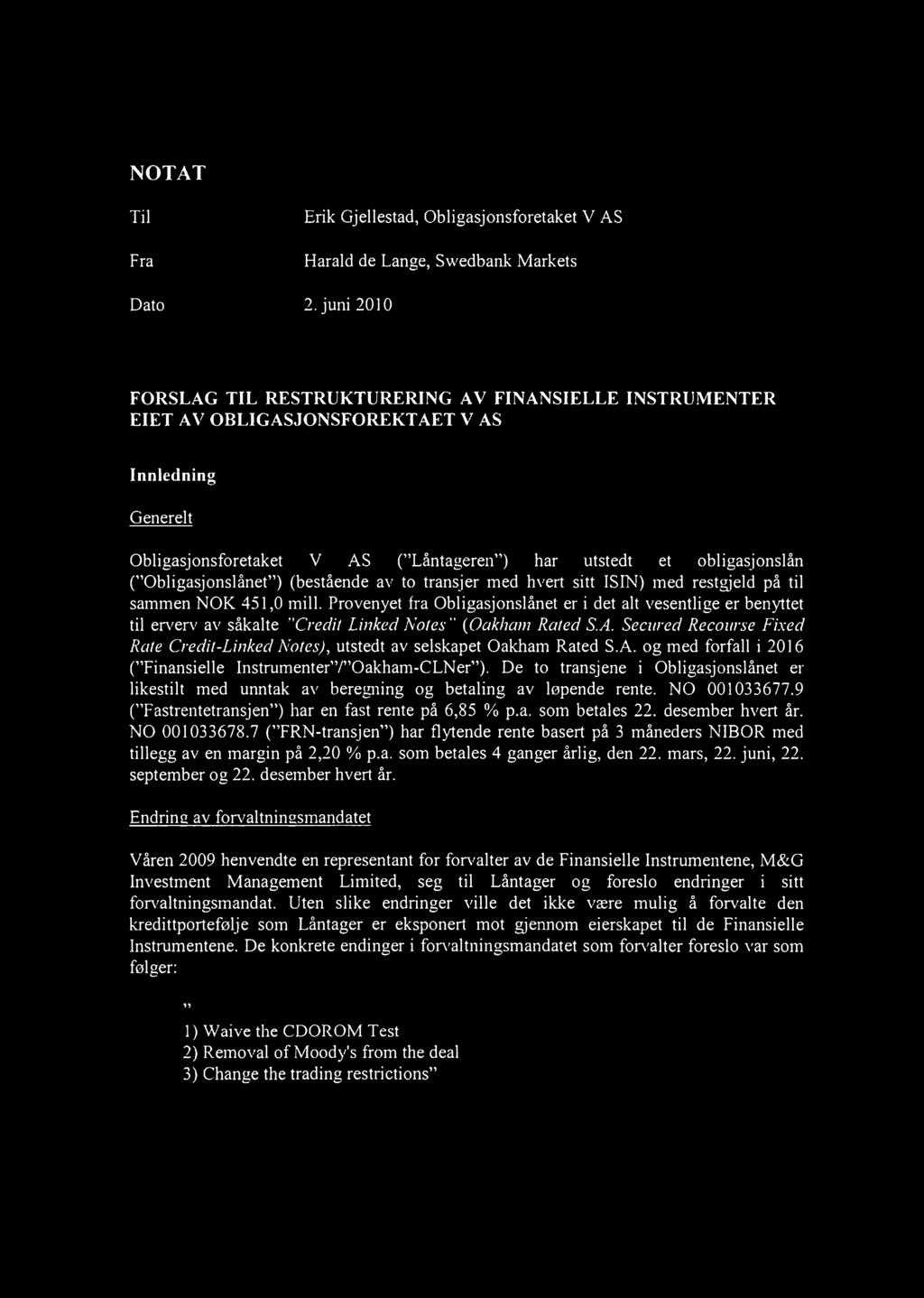 Obligasjonslånet ) (bestående av to transjer med hvert sitt ISIN) med restgjeld på til sammen NOK 451,0 mill.