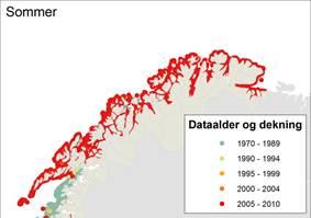 Figur D-4 Dataalder og kartlegging/dekning langs kysten av fastlandet på norsk side til forskjellige årstider (Systad & Strøm, 2012).