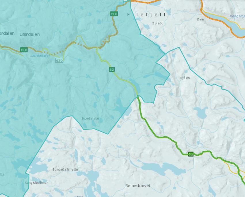 Ny forekomst ved fylkesgrense (vegvesen.no/vegkart) Det skal alltid legges inn en ny forekomst ved kryssing av fylkesgrenser som her mellom Sogn og Fjordane og Buskerud.