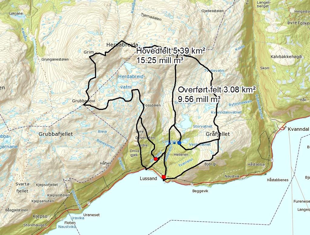 Planendringssøknad Lussand Kraft Teiknforklaring: Hovudinntak Stølselvi Kraftstasjon Sideinntak Herdlerelvi