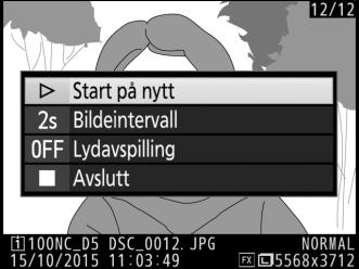 Dialogboksen til høyre vises når fremvisningen er ferdig. Velg Start på nytt for å starte på nytt eller Avslutt for å gå tilbake til avspillingsmenyen.