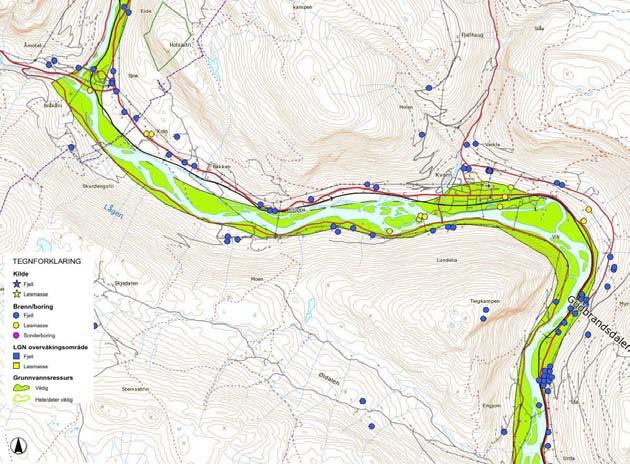 Figur 72 Grunnvannsressurser og brønner (NGU, Granada, 2009) Kartet viser også en større grunnvannsregistrering som inngår i en sammenhengende grunnvannsressurs gjennom flere kommuner langs Lågen.