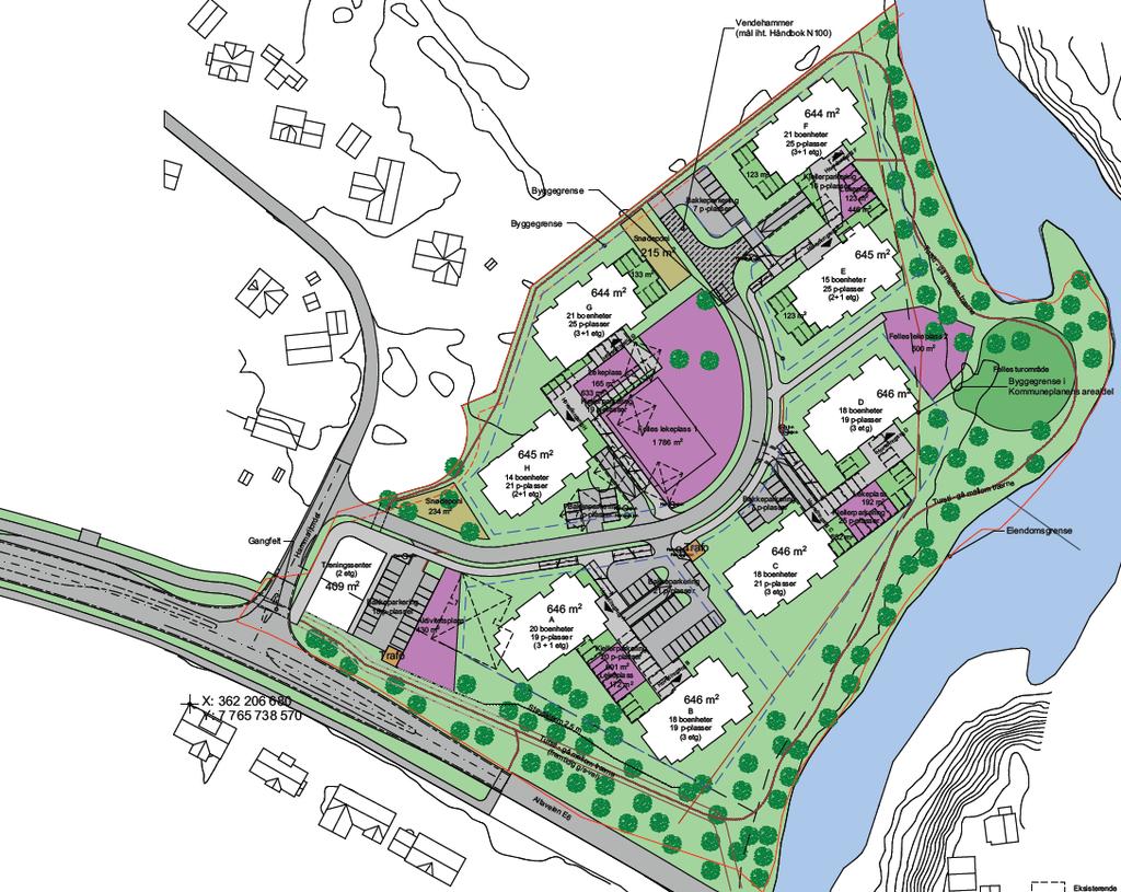 Planområdet kommer at bestå av 8 blokkhus med parkeringskjeller, oppdelt i 4 forskjellige formålsområder (B1-B4). Området skal bygges ut trinnvis ifølge de ulike områdene på plankart.