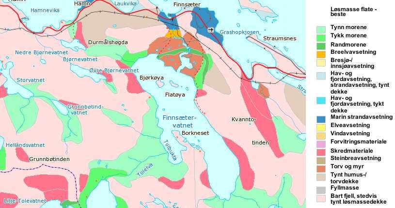 Ecofact AS Side 11 Figur 8. NGU s løsmassekart viser at bart fjell og tynt løsmassedekke er vanlig i influensområdet, sammen med store områder med tynn morene.