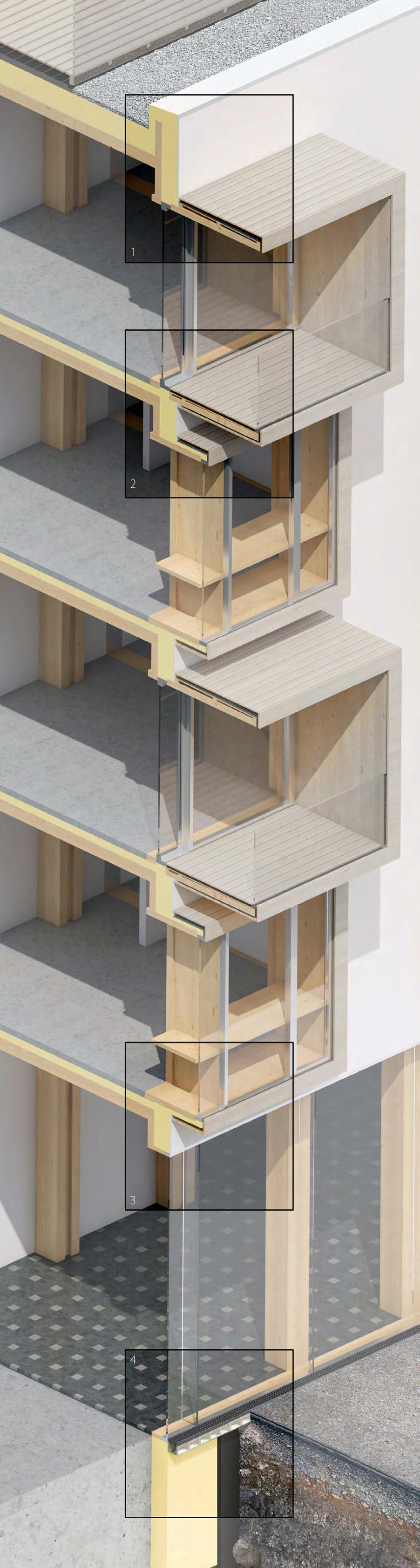 1 2 Tak balkong 2030mm luftet kledning 2050mm utlekting Takpapp 12mm finerplate 2050mm lekting 75mm massivtre Gulv balkong 2030mm terrassegulv 2050mm utlekting Takpapp 12mm finerplate 2050mm