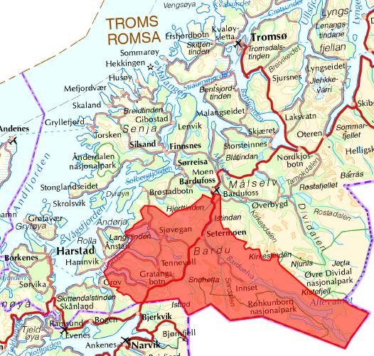 Figur 1. Regionens geografi. Kart hentet fra norgeskart.no Særlig for Gratangen vil utviklingen i Narvik være viktig.