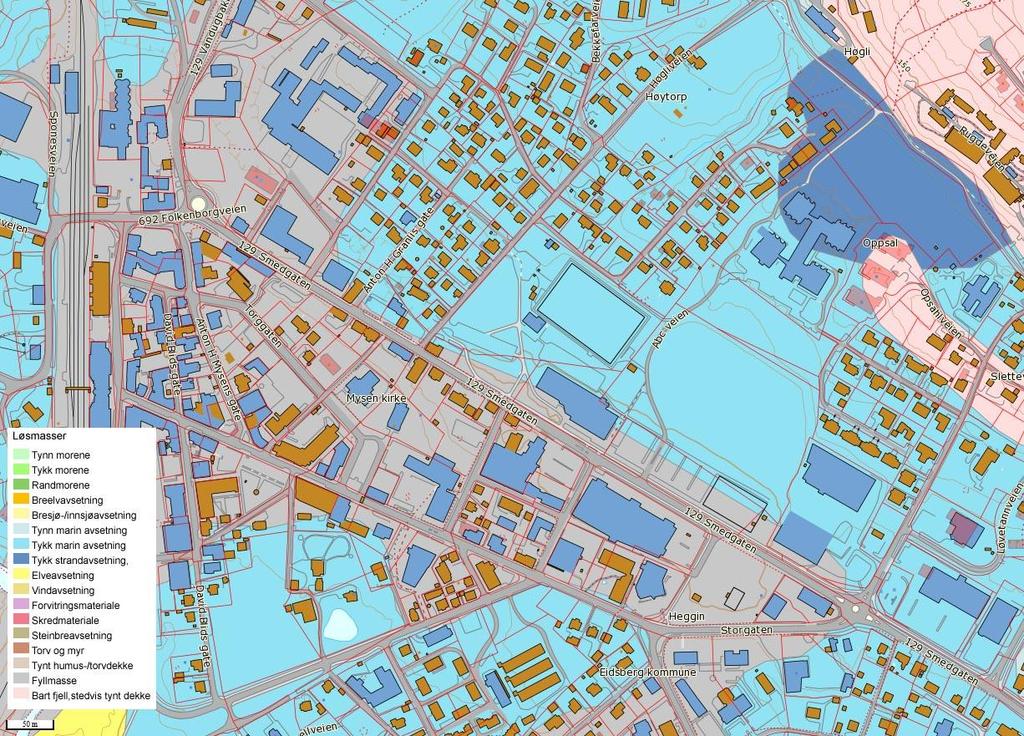 3.2. Naturrisiko Hendelse 3 Løsmasseskred Figur 3-1 Løssmassegeologi, Kilde: NGU Grunnen i planområdet består ifølge NGU av marine avsetninger og fyllmasser over fjell.