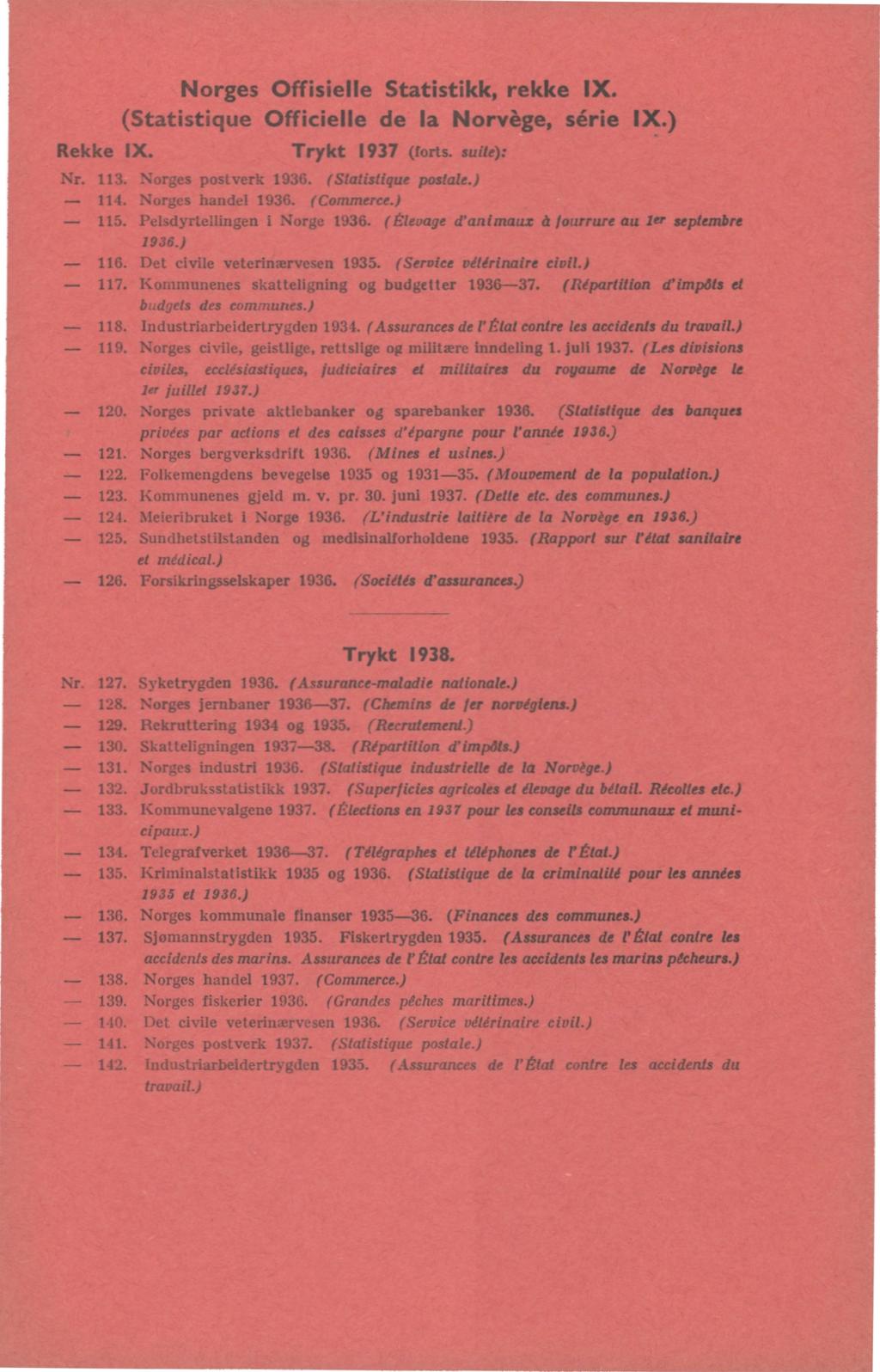 Norges Offisielle Statistikk, rekke IX. (Statistique Officielle de la Norvège, série IX.) Rekke IX. Trykt 937 (fort s. suite): Nr. 3. Norges postverk 936. (Statistique postale.) 4. Norges handel 936.