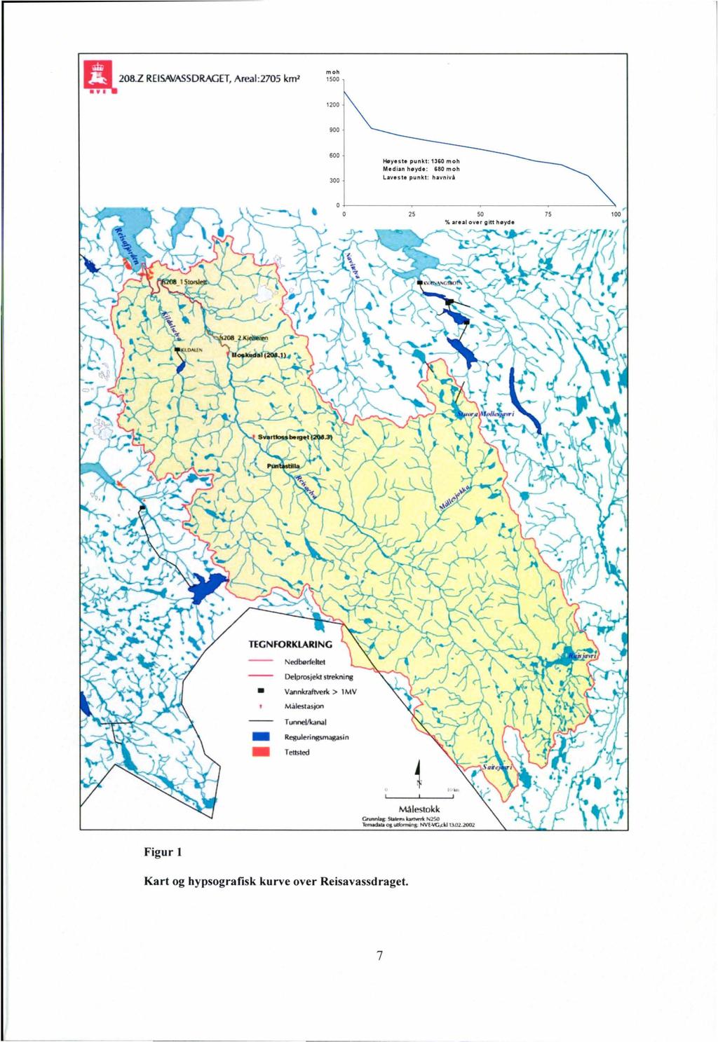 208.Z REISAVASSDRAGET, Areal:270S km> moh '500 1200 900 600 300... yest. punkt: 1360 moh Median hevde : 680 moh Laveste punkt: havniva 25 50 75 Vannkr.flverlc > 1 MV Moilesta.