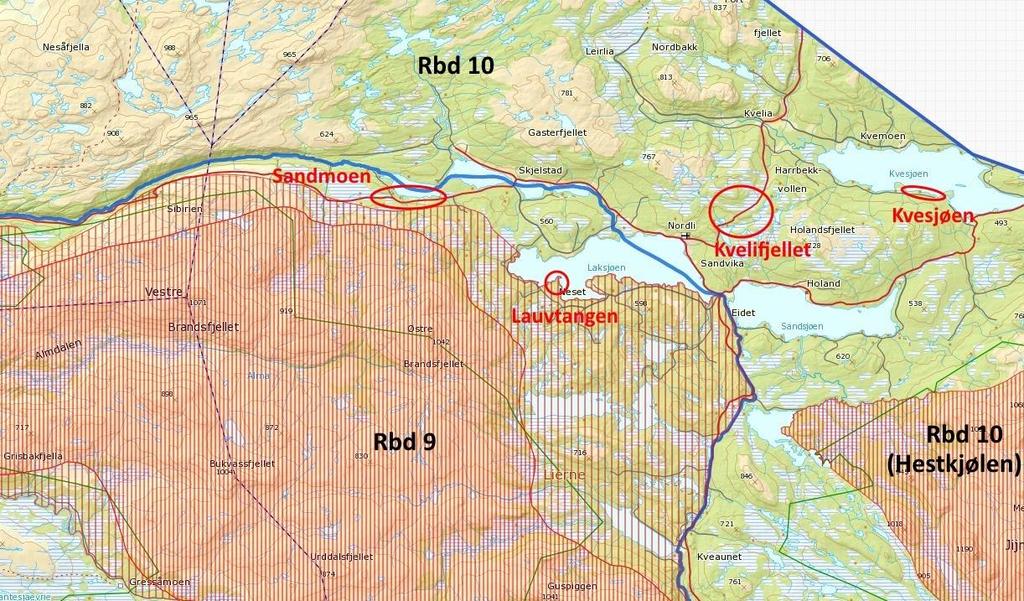 Figur 10. Sommerbeiter (rød skravering; fin skravering viser høysommer) i Rbd 9 og 10 rundt hyttefeltene Sandmoen, Lauvtangen, Kvelifjellet og Kvesjøen.