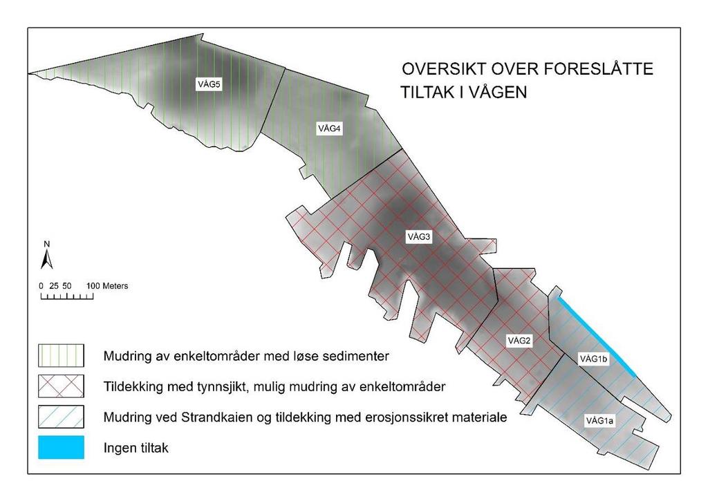 Oversikt over foreslått tiltak i Vågen i delområder: Som en konsekvens av de anbefalte tiltak vil trolig sedimentene i hele Vågen komme i tilstandsklassen 3.